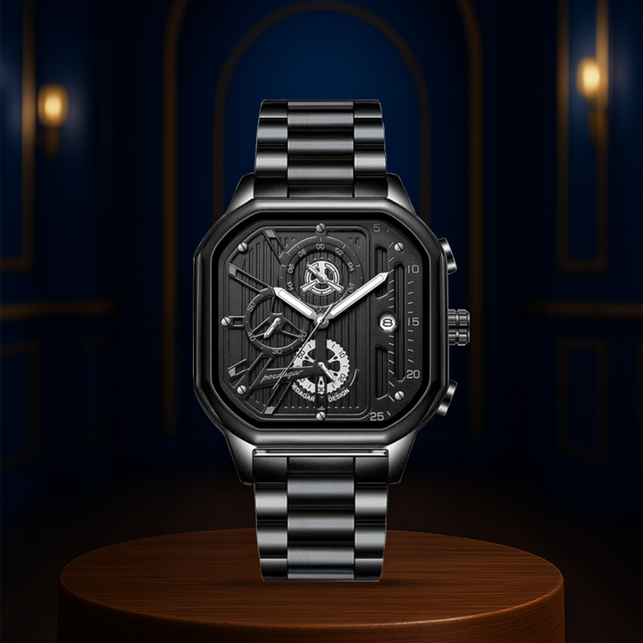 Relógio Totalmente Preto De Estilo Industrial Com Caixa Geométrica Arrojada | 41mm
