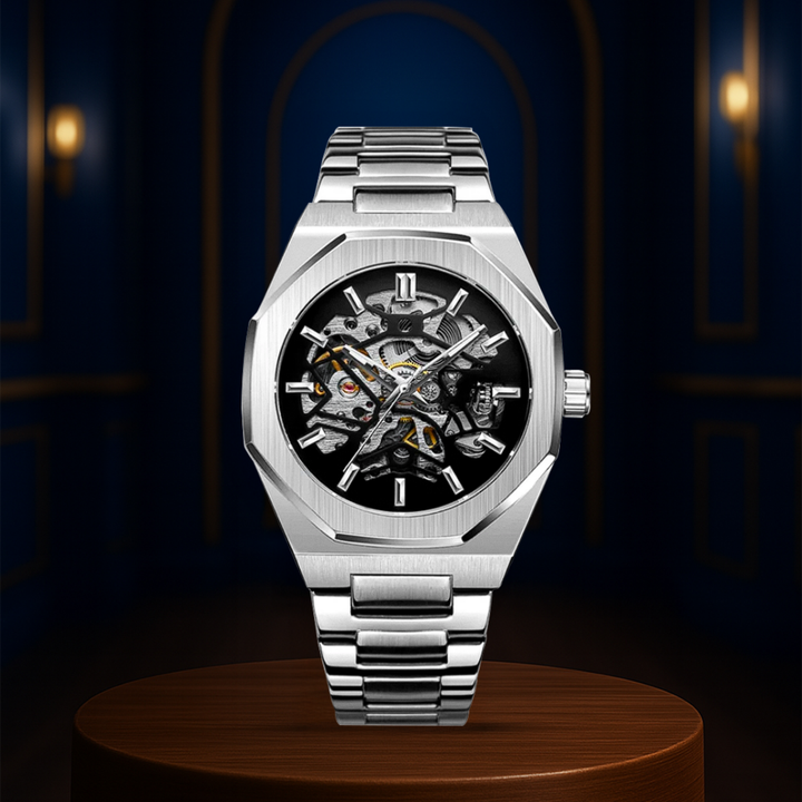 Relógio Em Aço Escovado Arrojado Com Mecanismo Skeleton Intricado | 42mm