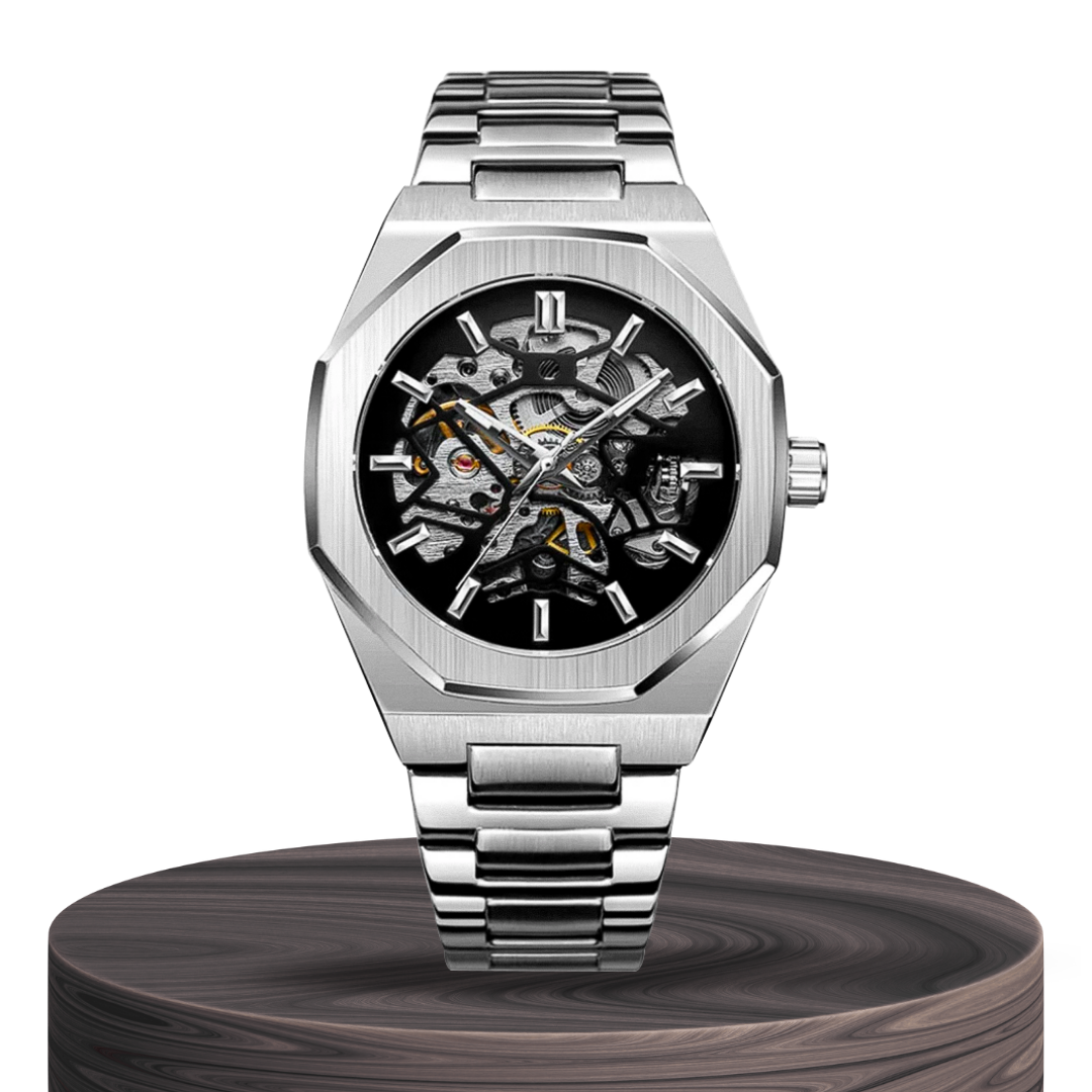 Relógio Em Aço Escovado Arrojado Com Mecanismo Skeleton Intricado | 42mm