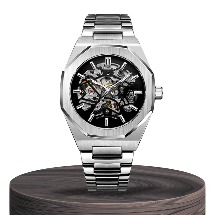 Relógio Em Aço Escovado Arrojado Com Mecanismo Skeleton Intricado | 42mm