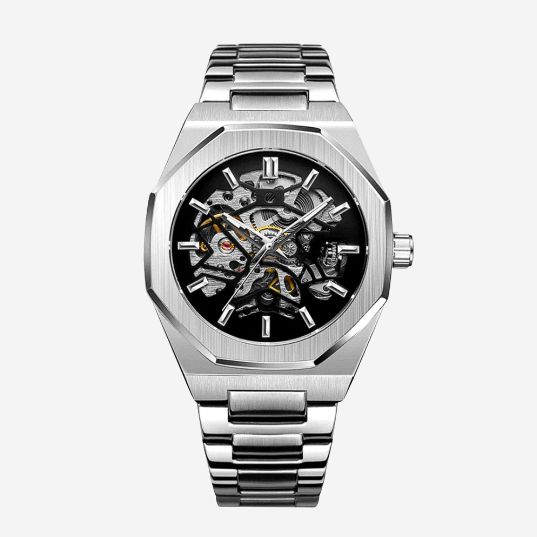 Relógio Em Aço Escovado Arrojado Com Mecanismo Skeleton Intricado | 42mm