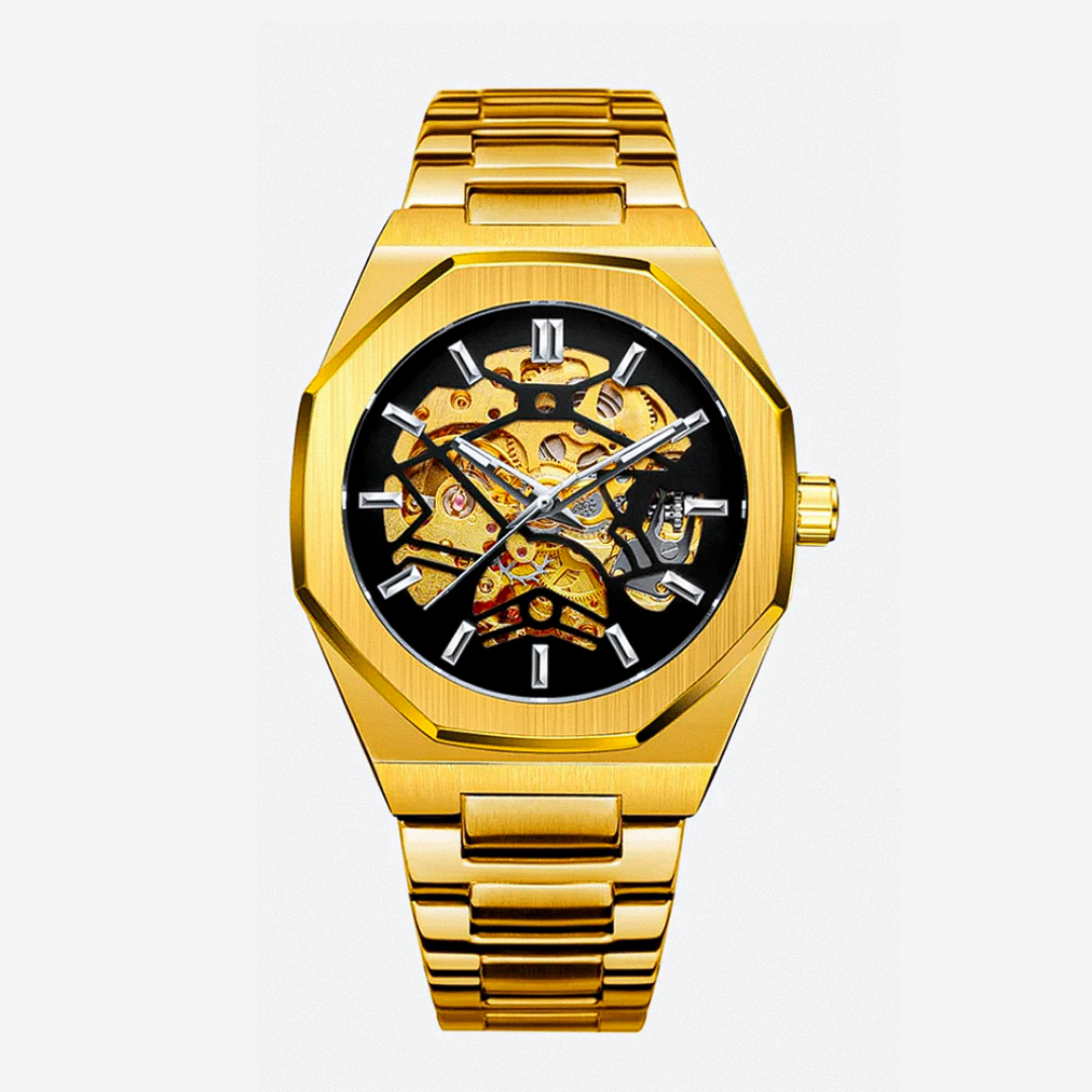 Relógio Em Aço Escovado Arrojado Com Mecanismo Skeleton Intricado | 42mm