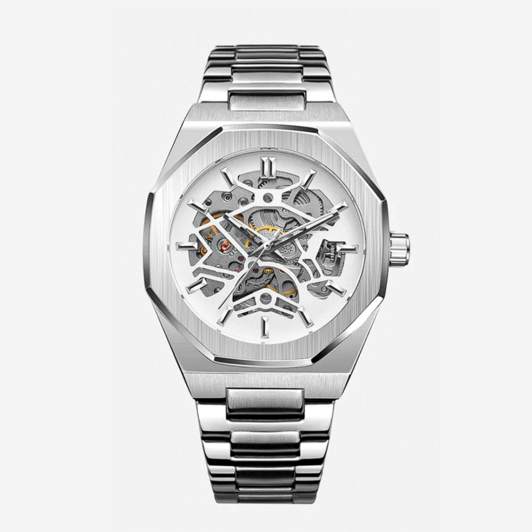 Relógio Em Aço Escovado Arrojado Com Mecanismo Skeleton Intricado | 42mm