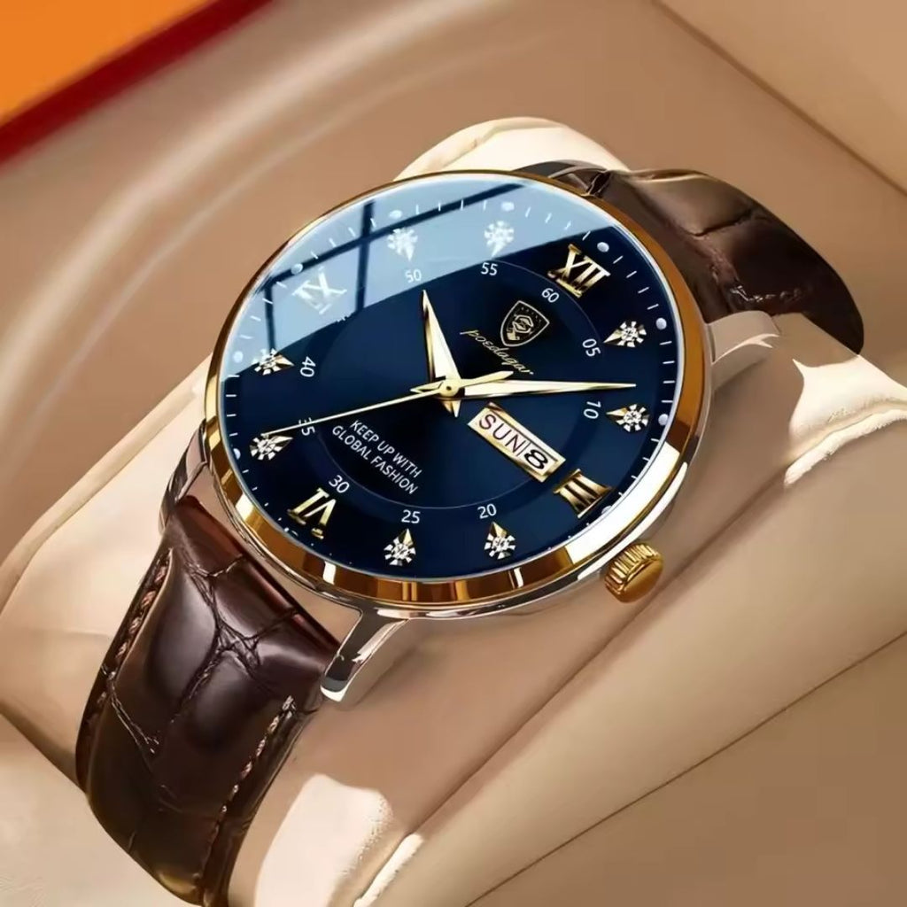 Relógio de Pulso Masculino de Couro e Ouro