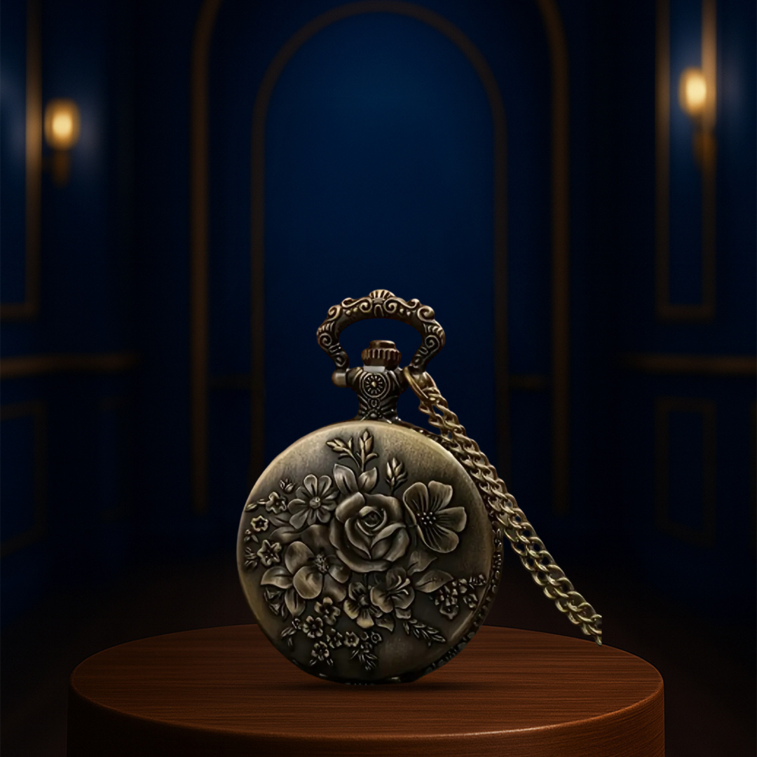 Relógio De Bolso Em Bronze Com Gravação Floral | 45mm