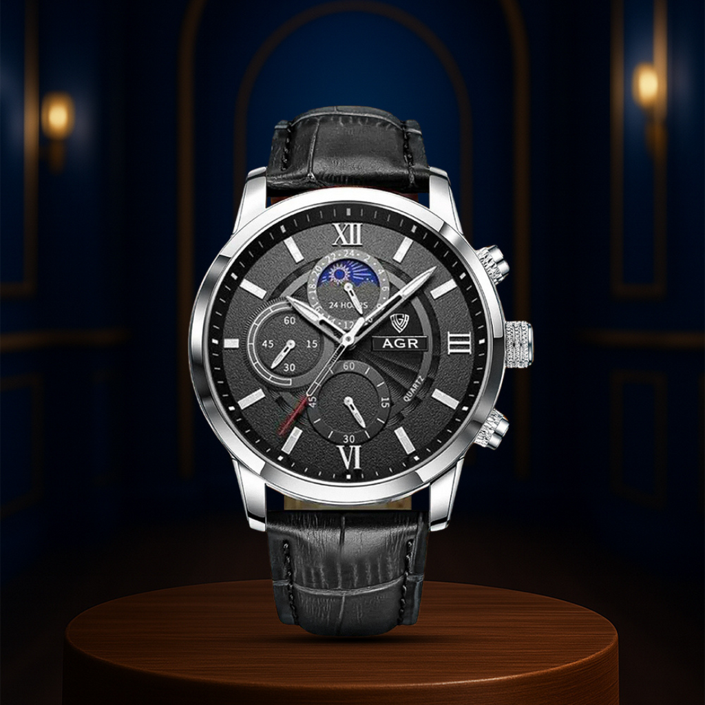 Relógio Moderno Com Fases Da Lua E Correia De Pele | 43mm