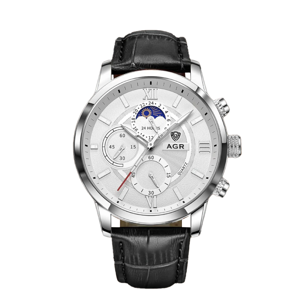 Relógio Moderno Com Fases Da Lua E Correia De Pele | 43mm