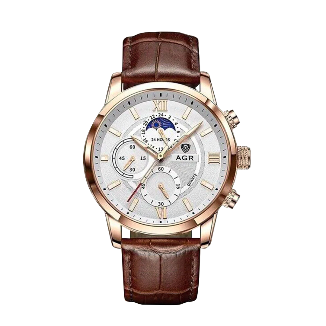 Relógio Moderno Com Fases Da Lua E Correia De Pele | 43mm