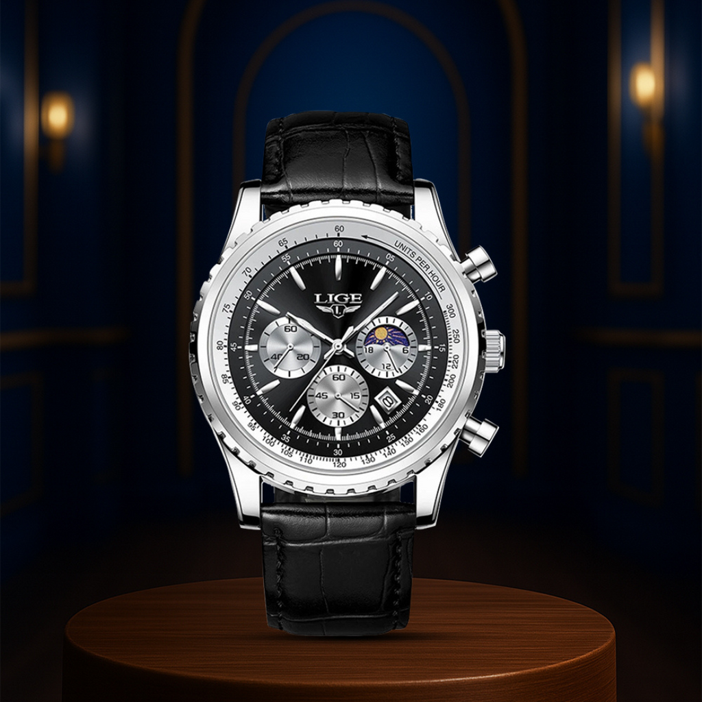 Relógio Elegante Cronógrafo Com Fases Da Lua | 46mm